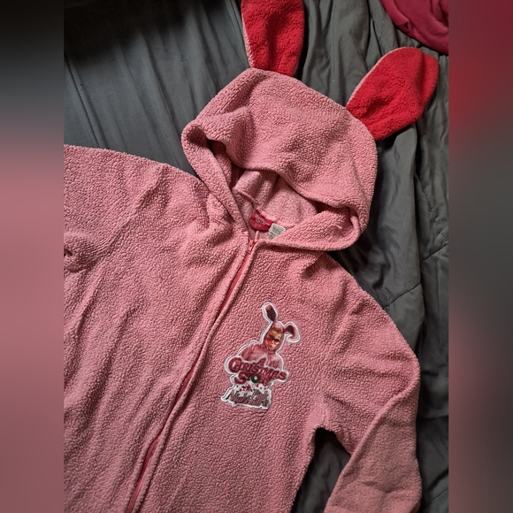 A Christmas Story Pink Nightmare Hooded Fleece Bunny Onesie with Ears! Sz Mens S - Picture 3 of 5
